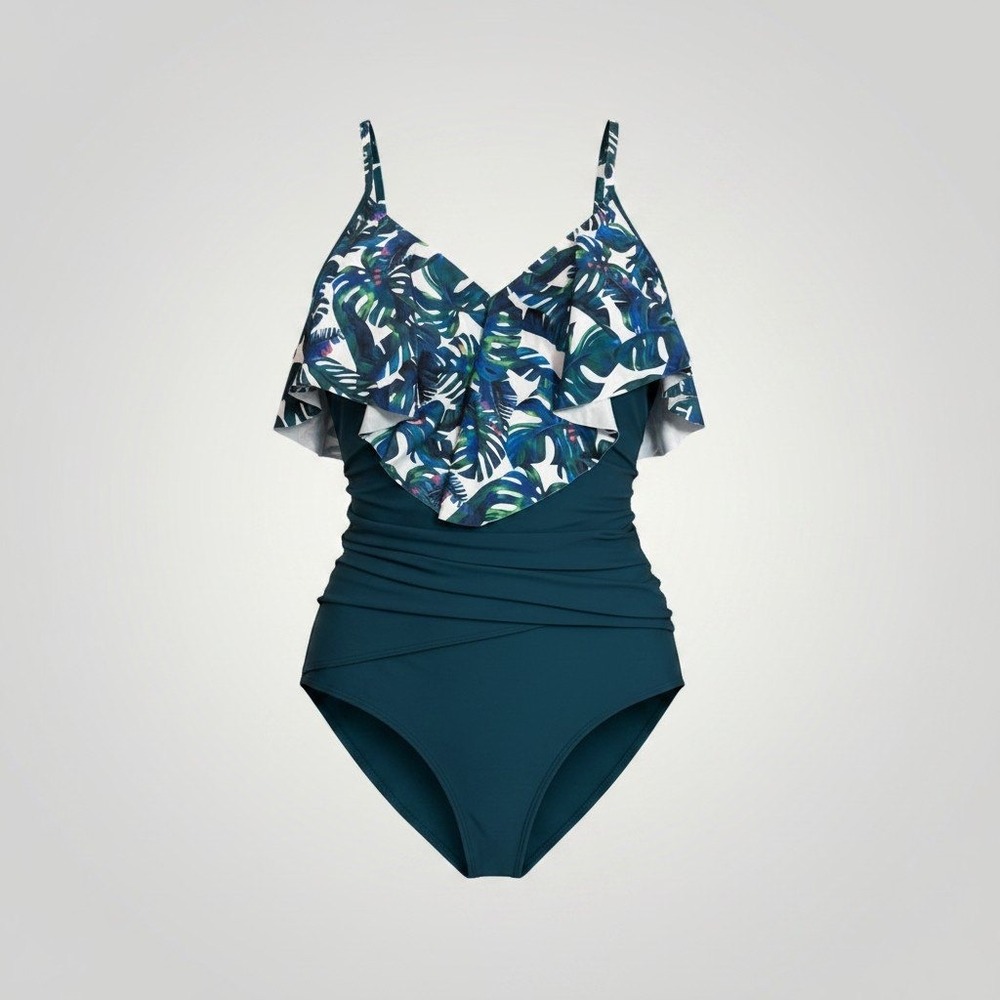 Suuksess One Piece Swimsuit Women Large Teal Tropical Ruffle Ruching Beach Pool
